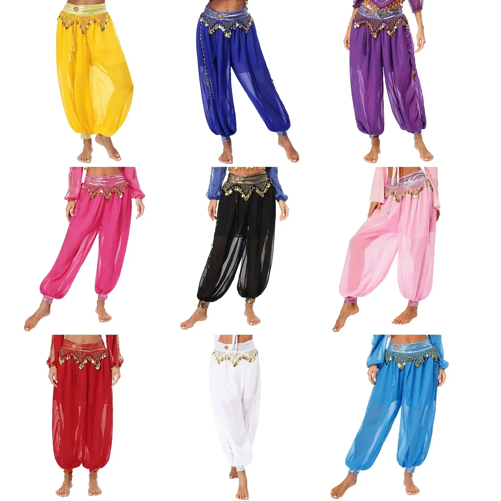 Pantaloni Harem da danza del ventre in chiffon da donna Pantaloni da danza del ventre araba Pantaloni Bloomers con nappe dorate Pantaloni da ballo da donna