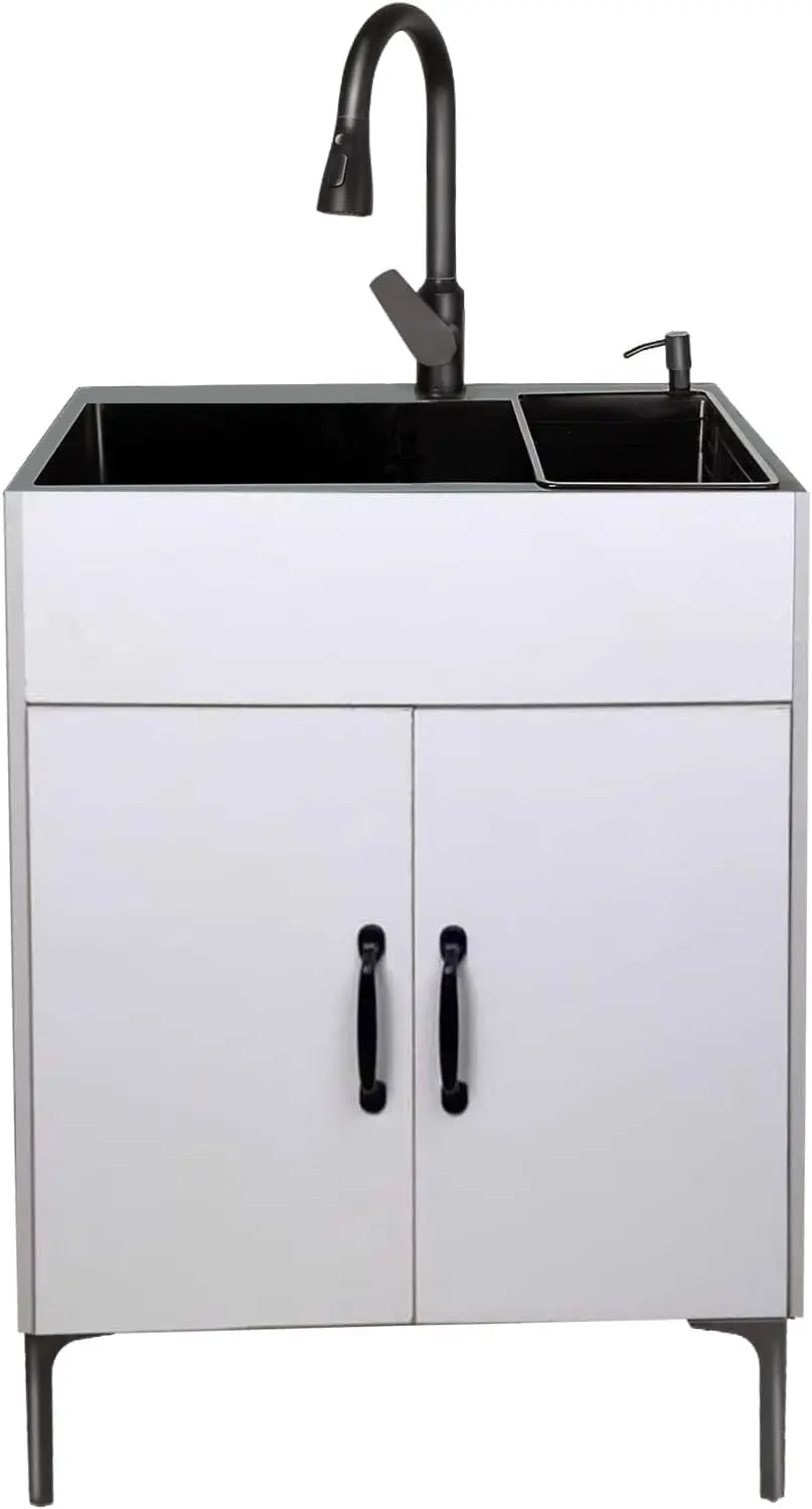 

24-Inch Laundry Room Double-Bowl Sink Cabinet, Utility Sink with Cabinet and Pull-Out Faucet, Kitchen Cabinet with Sink for Laun