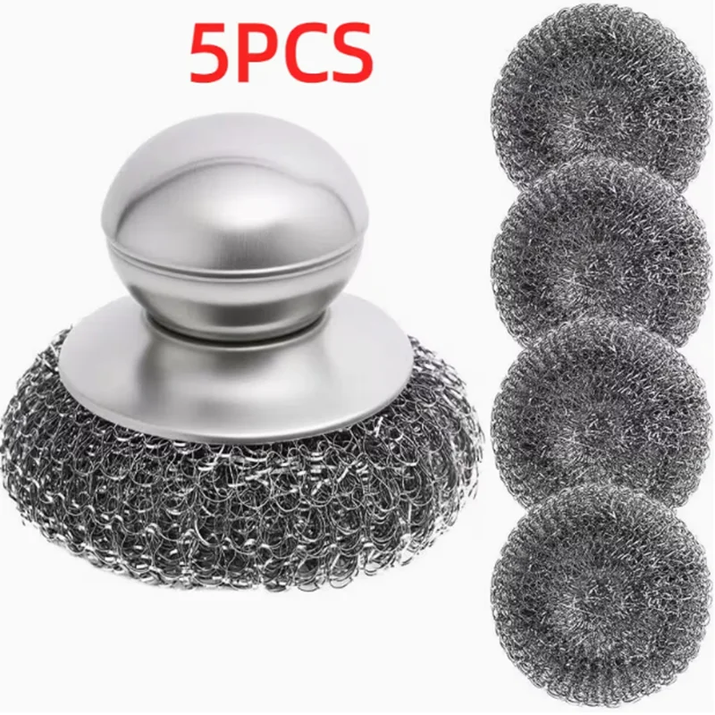 5pcs Handle-equipped stainless steel kitchen scrubber, heavy-duty pot and dishware cleaning tools, suitable for stubborn stains
