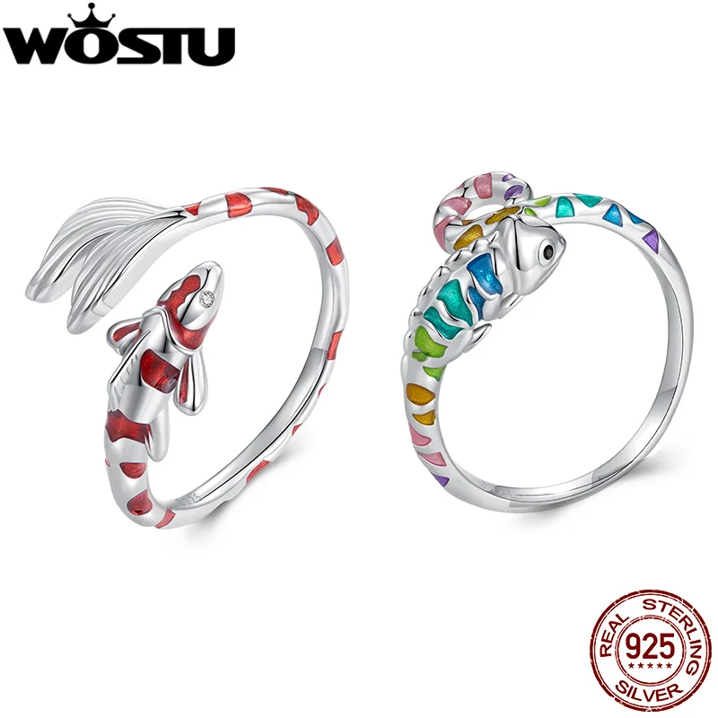 WOSTU Real 925 Sterling Silver Red KOI Open Ring For Women Luck Carp Fish Tail Rings Unique Jewelry Gift For mom Lover Girl