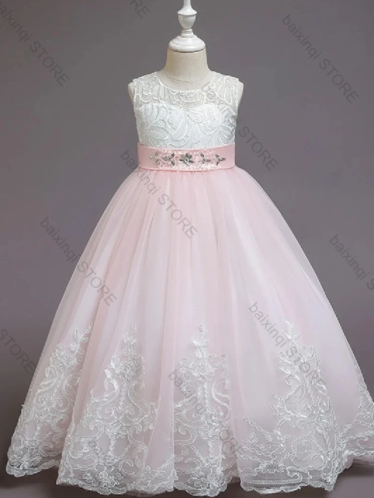 

Elegant Party Flower Girl Dress Pink Tulle Bow Appliques Child Formal Occasion Hot Sale Simple Birthday Prom Evening Dresses