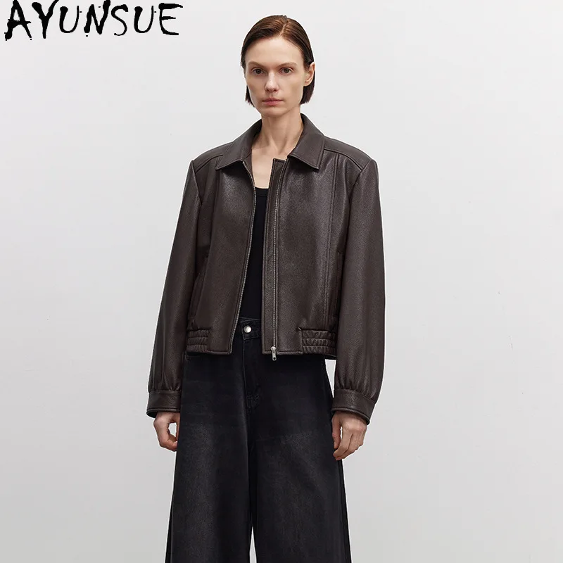 AYUNSUE Echtes Ziegenleder-Echtlederjacke für Damen 2025, schwarze Damen-Motorradjacken, Frühlings- und Herbstkleidung Nadalха Ж Espero