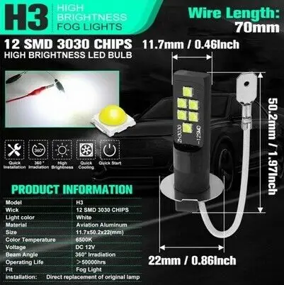 2PCS H3 12SMD 3030 LED Fog Light Bulb White Driving Super Bright Lamp DRL Pair Car BlancMpour feux anti Brouillard Auto Moto 12V
