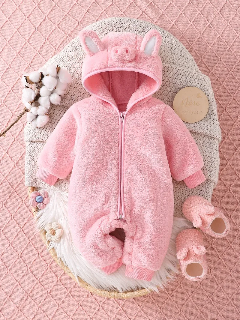 Pink Piggy Cosplay Baby Romper Cute Pig Nose Hooded Fluffy Bodysuit Infant Toddler One Piece Jumpsuit Photo Prop Outfit