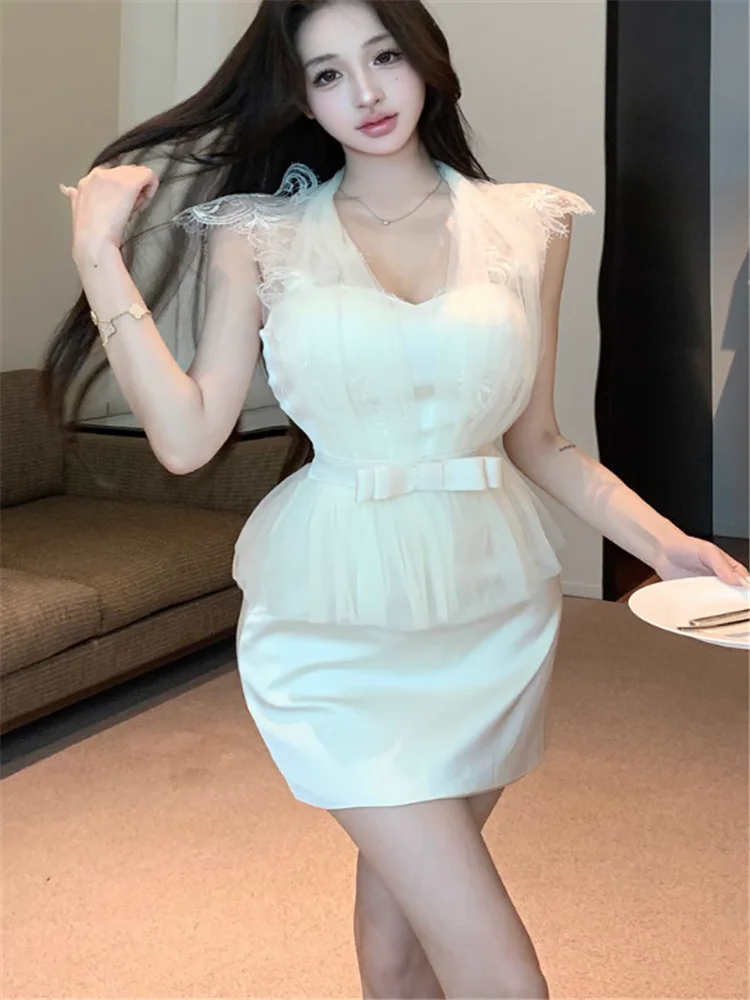 Elegante Celebrity Lady Albicocca Halter Lace Mesh Patchwork Abito corto a tubino Summer Office Donna Mini abito aderente senza maniche