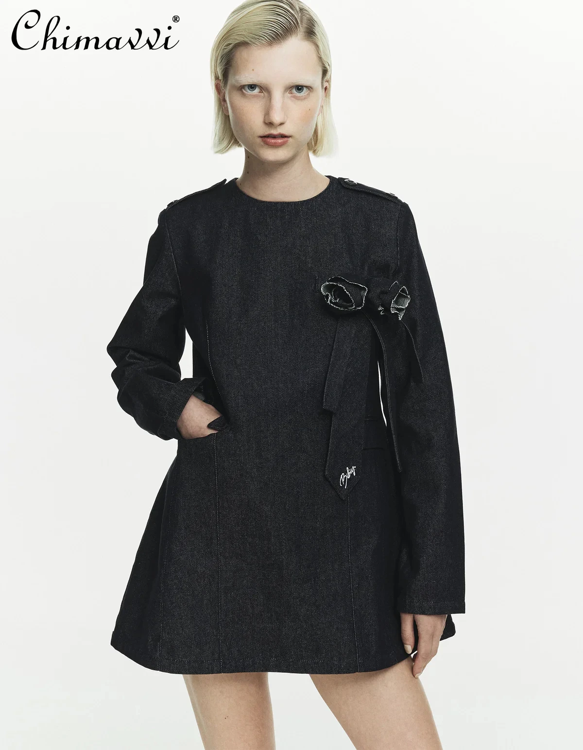 

Japanese Style 3D Rose Denim Dress Autumn Winter New Sweet Cool Girl Round Neck Long Sleeve High Waist Elegant Women's Dress