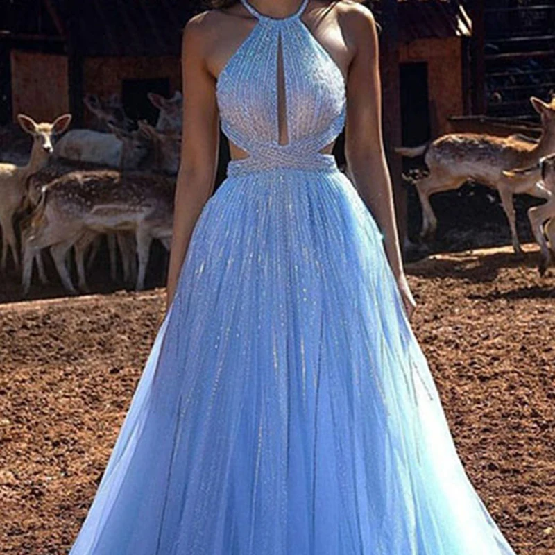 Elegante vestido azul Lantejoula Halter, vestido sem mangas, até o chão, vestidos de baile sem costas, vestidos de festa e noite, bling simples, 2024