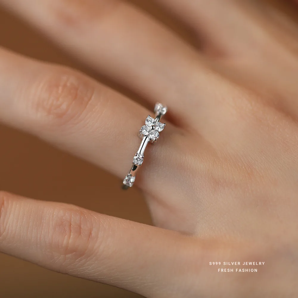 S999 Sterling Silver Zircon Flower Ring for Women Luxury Open Design High-End Sensation Versatile Silver Ring - Image 2