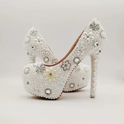 Women Fashion Spring Autumn Pumps Metal Platform Wedding PU 14CM Thin Heels Round Toe PEARL Retro Fashion Party Woman Shoes