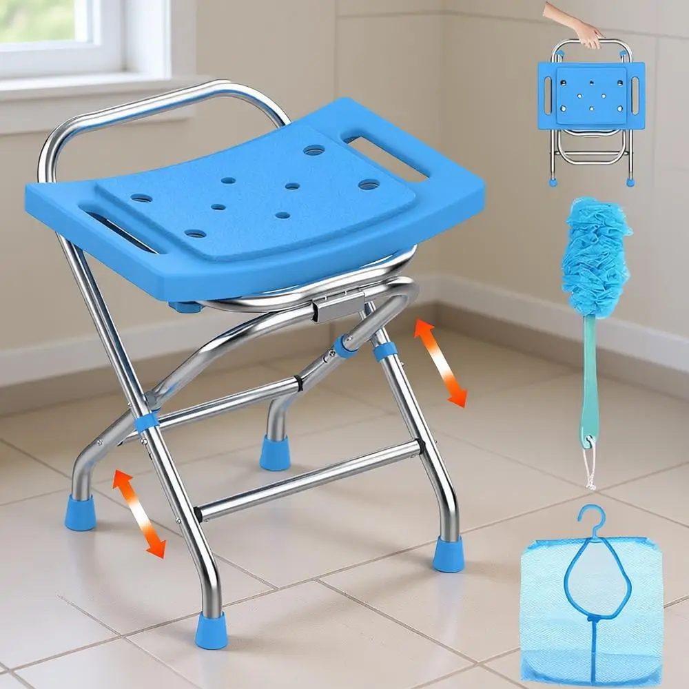 

Портативное усиленное стальное кресло для душа с нескользящим сиденьем, удобное для путешествий, выдерживает до 190 кг, синее