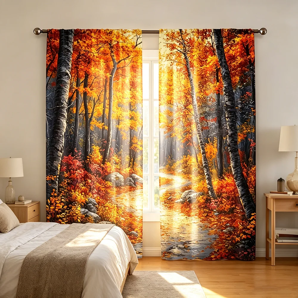 2PCS Digital Printed Curtains, Warm Autumn Forest Pattern, Artistic Pattern Window Drapes for Living Room Bedroom Decor