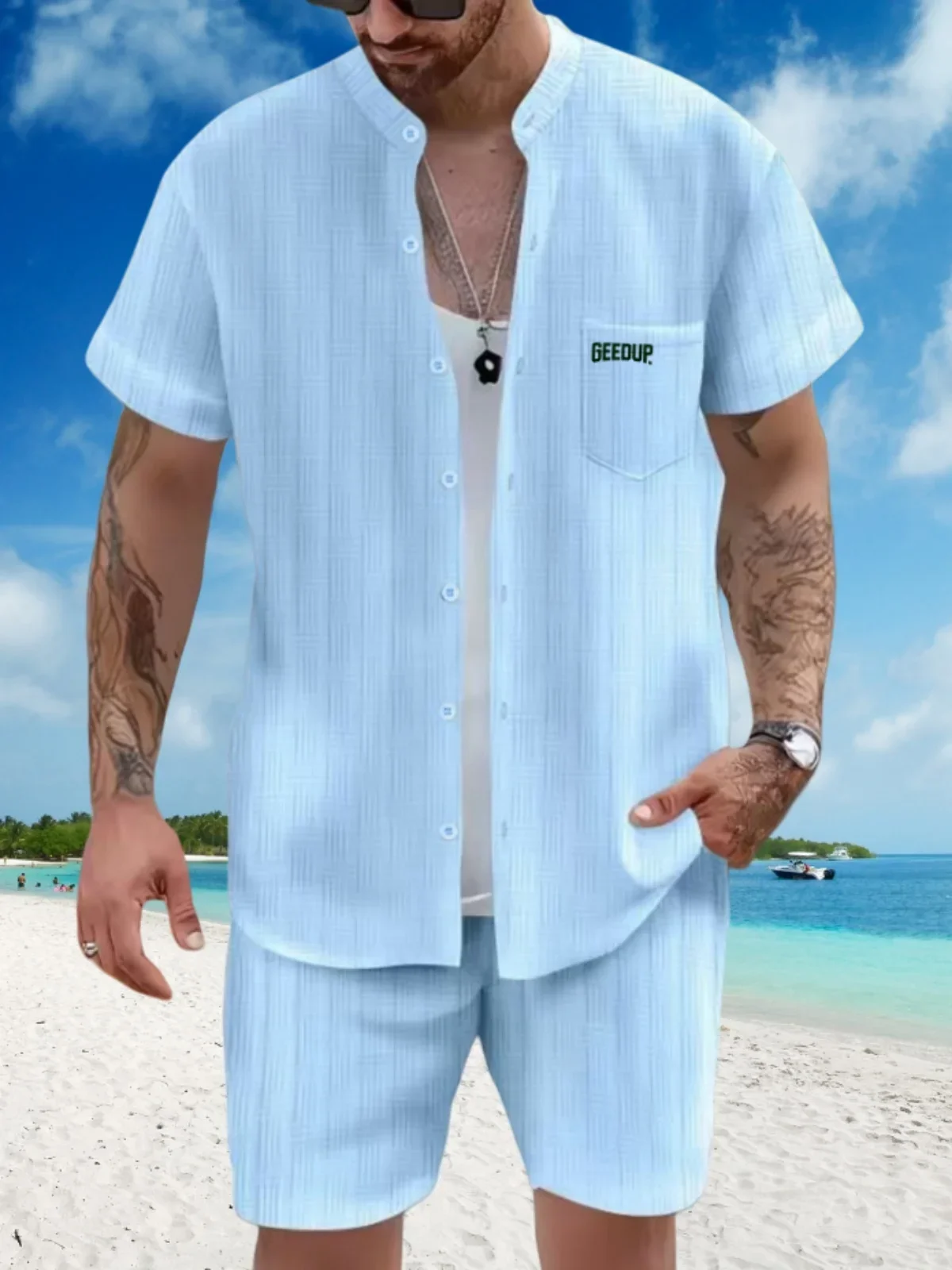 Men's 2025 Casual Beach Short Sleeve Suit Summer Fashion Stand Collar Pocket Loose Shirt Two-Piece Set