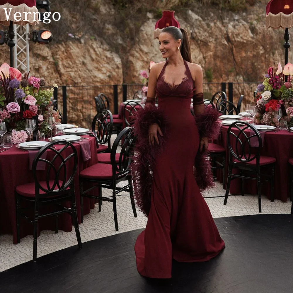 

Verngo Burgundy Crepe Evening Dress Halter Mermaid Formal Occasion Dress No Scraf Saudi Arabic Prom Party Dress Customized