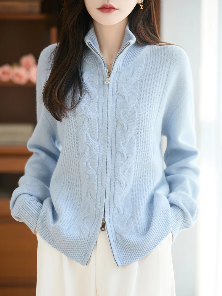 

Women Mock-neck Zipper Cardigan Wool Twist Knitting Sweater Coat Spring Autumn Winter Long Sleeve 100% Merino Wool Knitwear Tops