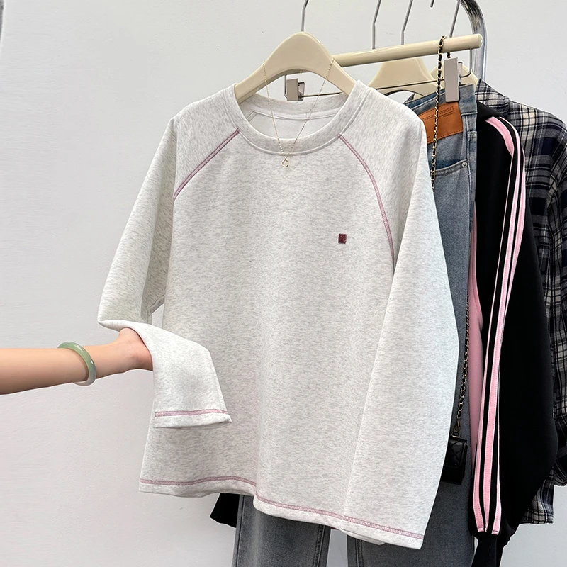 No Hat Hoodies Women Autumn Sweet Girls Embroidery Bright Line Decoration O-neck Loose Soft All-match Leisure Ulzzang Popular