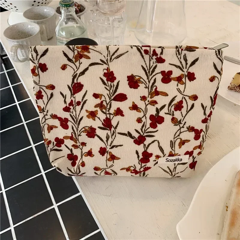 Large Capacity Corduroy Cosmetic Bag Fashion Floral Printing Travel Storage Bag Toiletry Makeup Organizer Clutch Bag