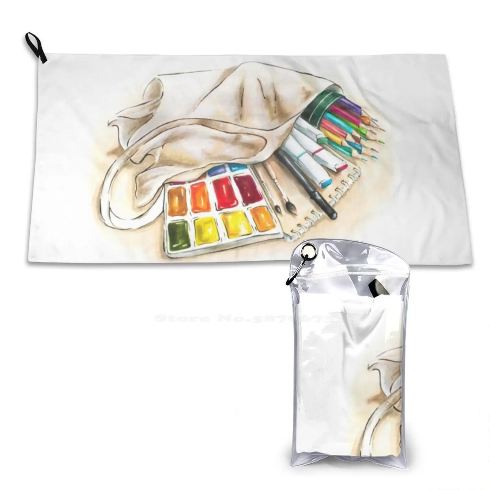 Art Shop Purchases , Artist Materials : Paint , Pencils , Brush In A Shopping Bag. Soft Towel Quick Dry Beach Towel Art