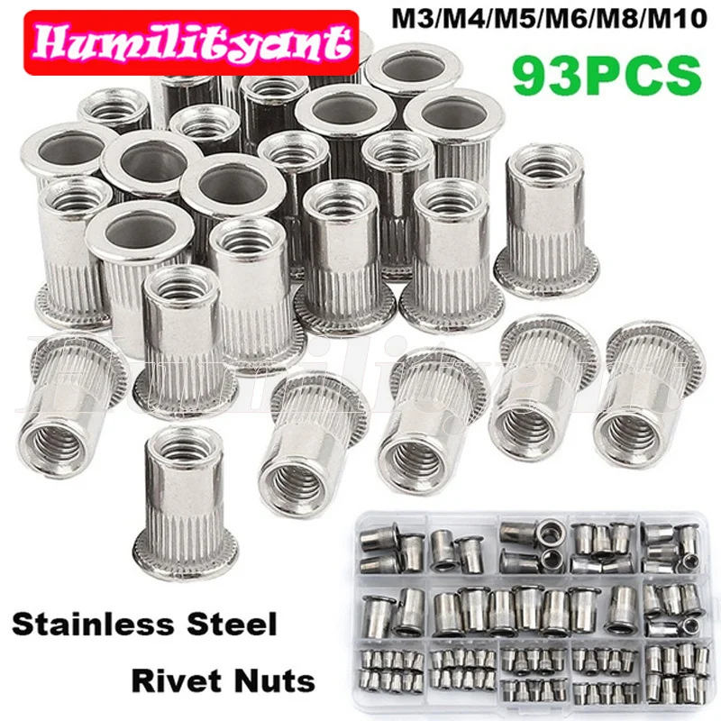 

93Pcs Rivet Nuts M3 M4 M5 M6 M8 M10 Stainless Steel Rivetnuts Threaded Insert Nutsert Cap Flat Head Riveting Nut