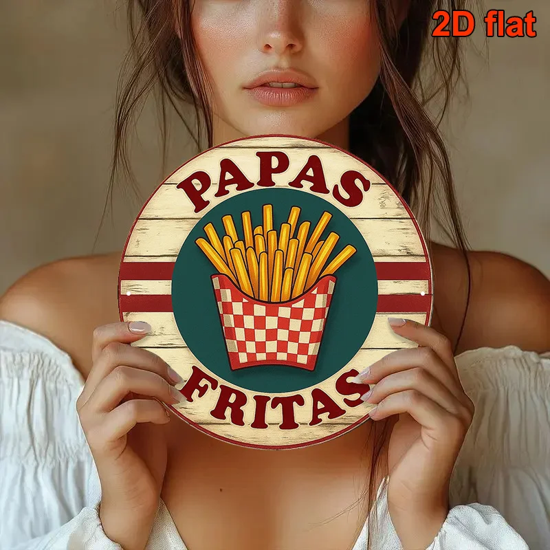 2D Flat, 1pc of 2D Flat 2, 8x8 Inch Round Spanish Aluminum Sign, a Vintage Decorative Plaque Related to French Fries/potato Frie