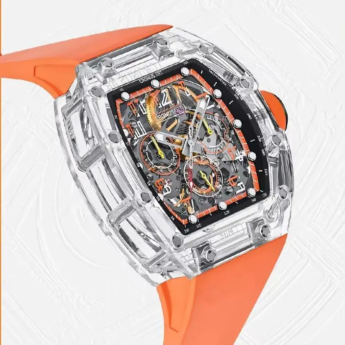 CRONUSART ساعة كرونوغراف للرجال 50 مللي متر تونيو الياقوت ساعة اليد الميكانيكية مضيئة الهيكل العظمي الهاتفي حزام مطاط الفلور