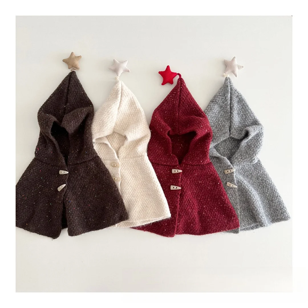 

2025 New Baby Knitted Hooded Shawl One-piece Hat Star Decor Vintage Toggle Button Winter Warm Cloak Hat