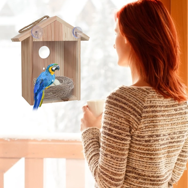 H55A Window Birdhouse for Outdoor Hanging Natural Wood Bird House with Suction Cups for Cardinals Finch Garden Decor