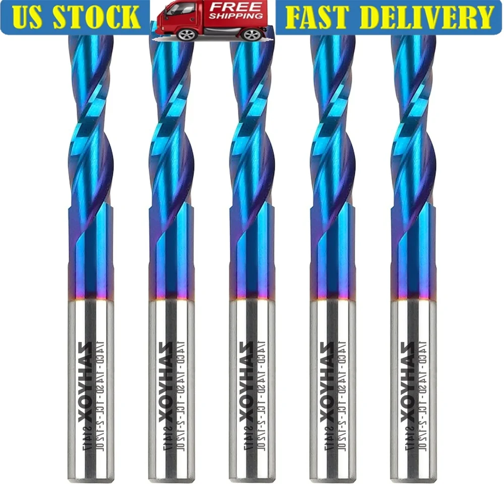 

1/4 Inch Shank Downcut Spiral Router Bits Set 5 Pack Solid Carbide Nano Coated Wood CNC End Mill Tool