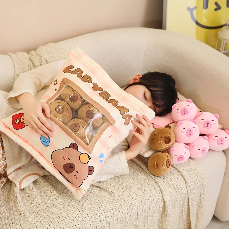 A Plushies Bag Pudding Toys Puff Balls Mini Cute Stuffed Animal Capybara Doll Removable Set Plush Pillow Snack Cushion Kids Gift