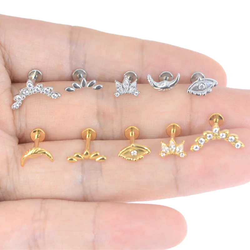 100% 316L Stainlesss Steel Internally Threaded Leaf MoonEye Tragus Stud Flower Labret Piercing Forward Helix Moon Face Earring