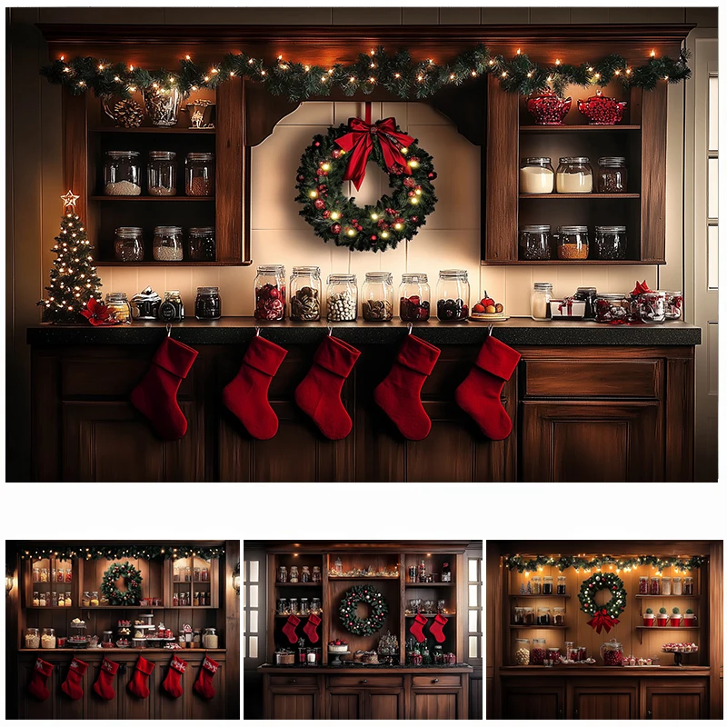 

LS Photography Background Christmas Brown Rustic Kitchen Sparkle Xmas Socks Decor Wreath Kids Portrait Photo Backdrop Studio