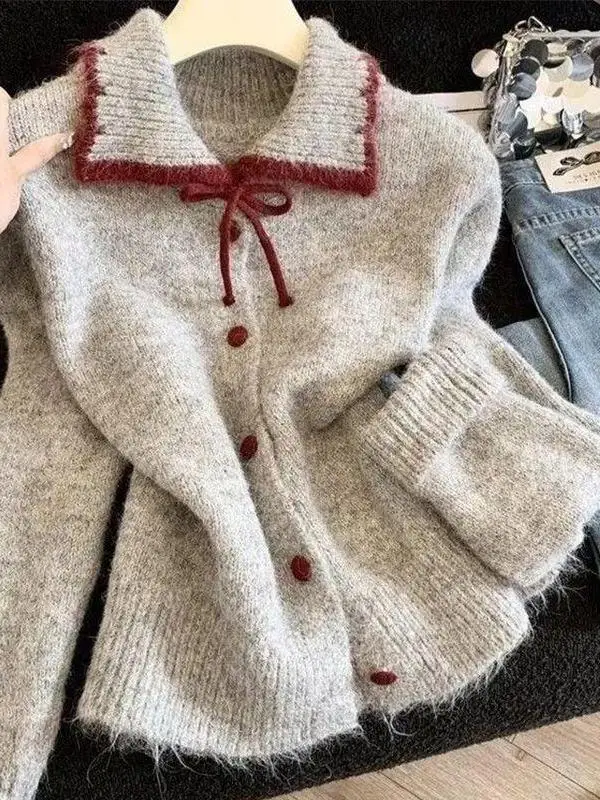 Stylish Knitted Open Cardigan Sweater Color Block Sweet Youthful Soft Autumn Winter Inner Wear Top Fashionable Versatile