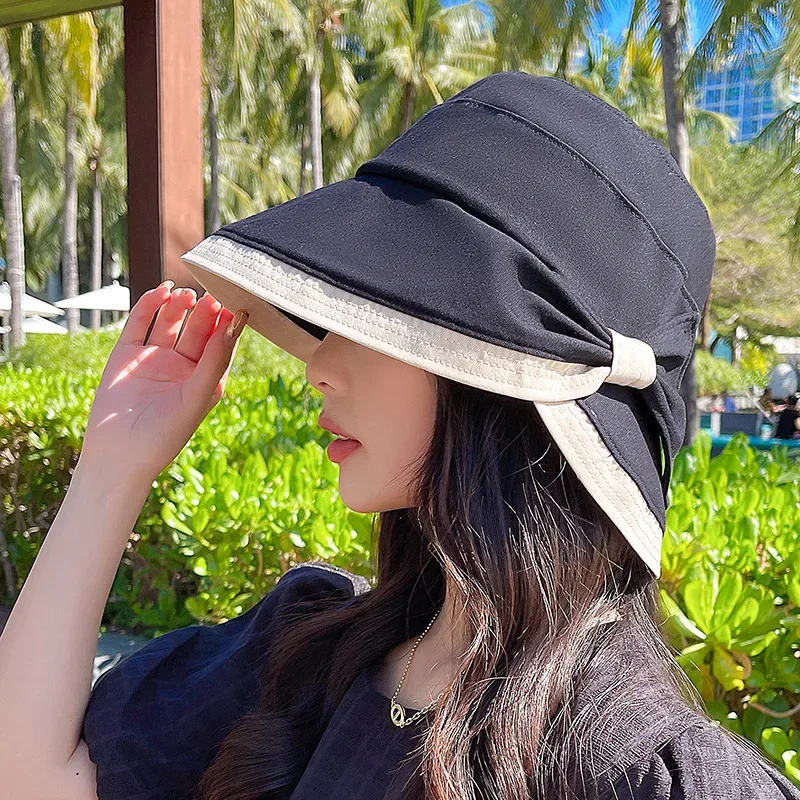 

Outdoor Beach Fisherman UV Proof Sun Protection Wide Large Brim Bucket Hat, Summer Women Bow Tie Fashion