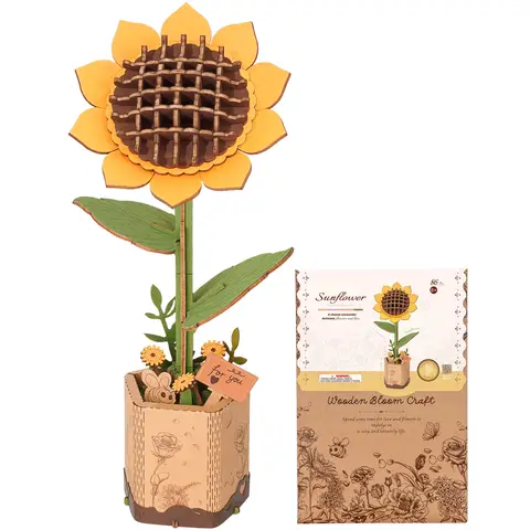 Rolife 3D Puzzle Sunflower Wooden Artificial Flower DIY Flower Bouquet Model Building Kit for Home Decor Mother's Day Valentine's Day Gift for Mother Lover