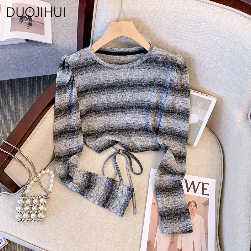 

DUOJIHUI Autumn Basic Striped Loose Female Pullovers Korean Chicly Lace-up Slim Waist Fashion Simple Casual Grey Women Pullovers