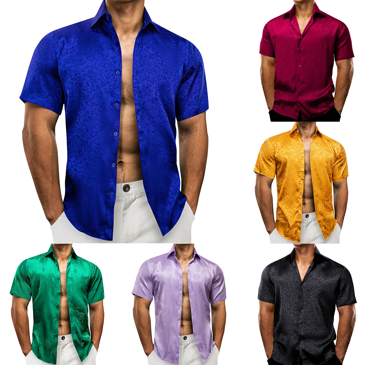 Barry Wang Short Sleeve Shirts for Men Silk Blue Red Gold Black Green Pink Paisley Flower Slim Fit Casual Male Tops Blouess