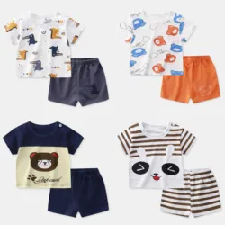 Cute Little Bear Print TShirt Shorts 2pcs Kids Casual Short Sleeve Tracksuits For Boys And Girls Summer New Thin Loose Tops Set
