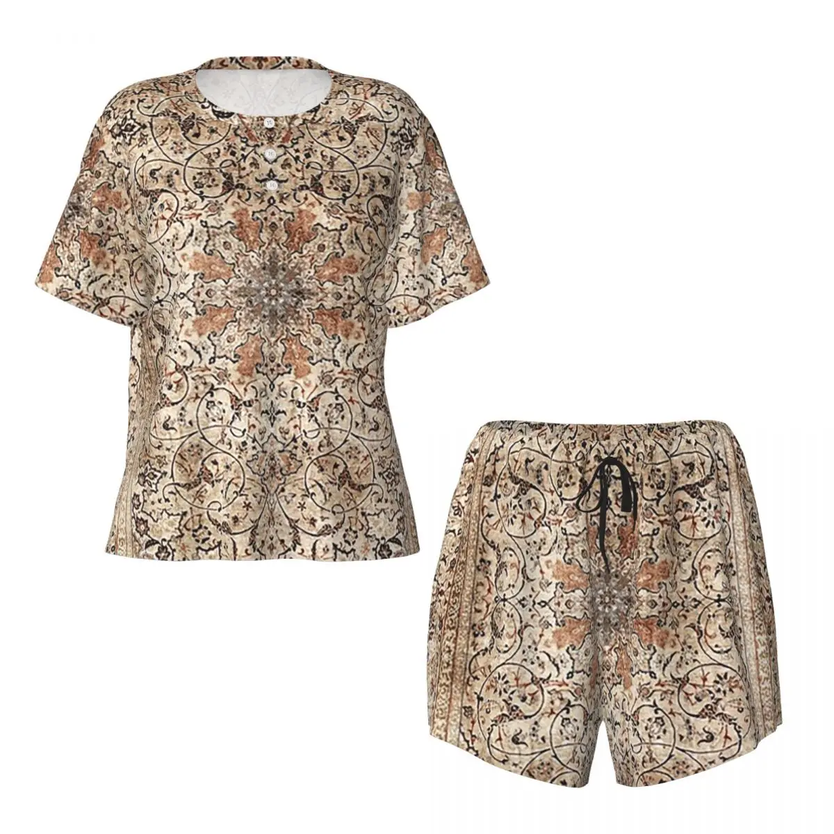

Silk Esfahan Persian Carpet Print Round Neck Short Sleeves Nightdress for Sleepshirts Women Loose Pajama Set Short Pants