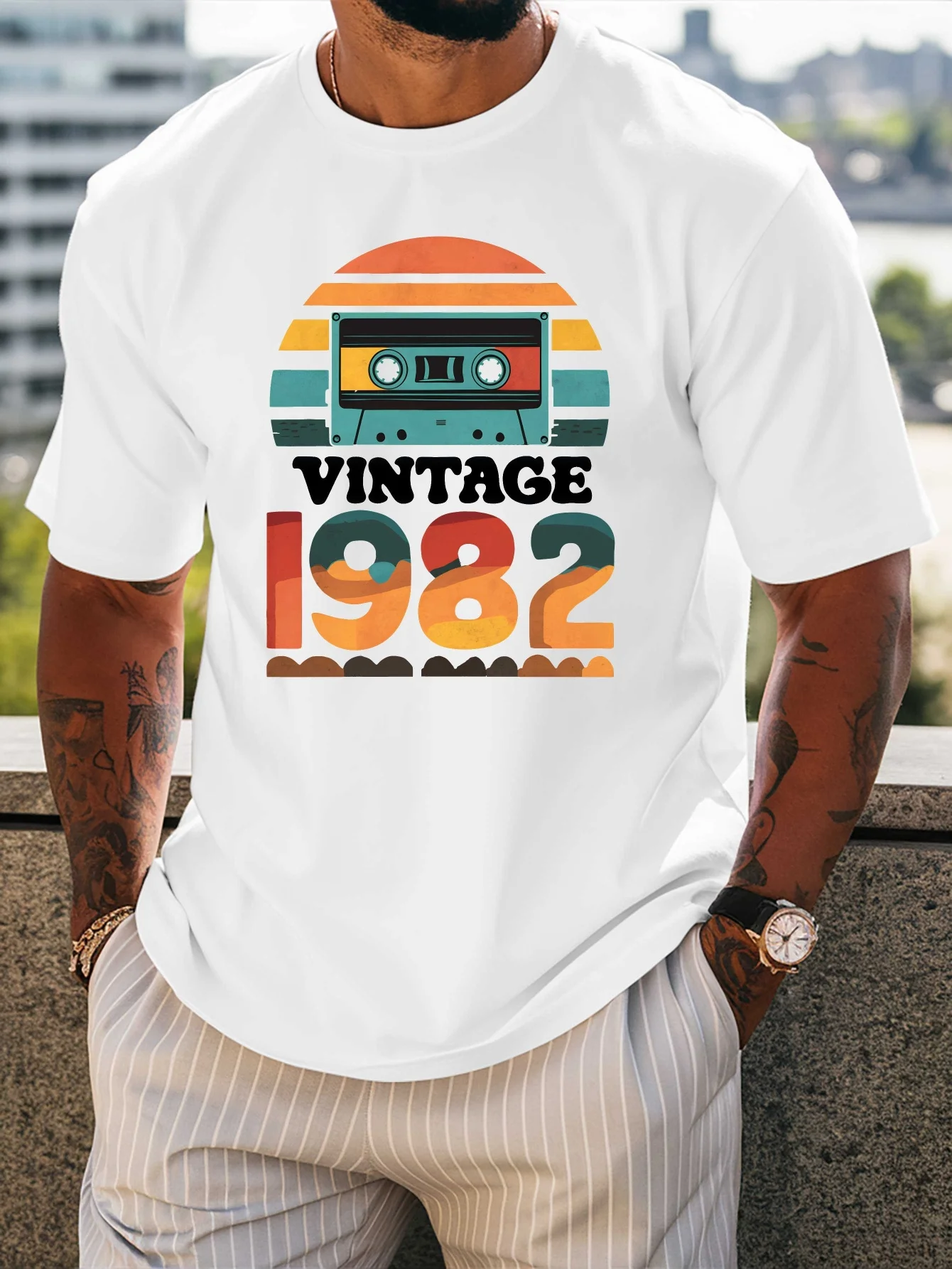 Vintage Cassette Tape 1982 Retro Sunset Graphic Mens T Shirt 80s Music Lover Short Sleeve Crew Neck Cotton Birthday Casual Tee