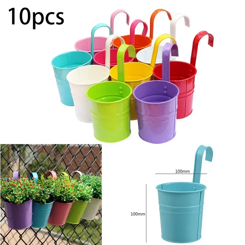 10pc Metal Flower Hanging Flower Pot Hook Wall Removable Candy Color Iron Bucket Tin Garden Balcony Hanging Succulent Basket New