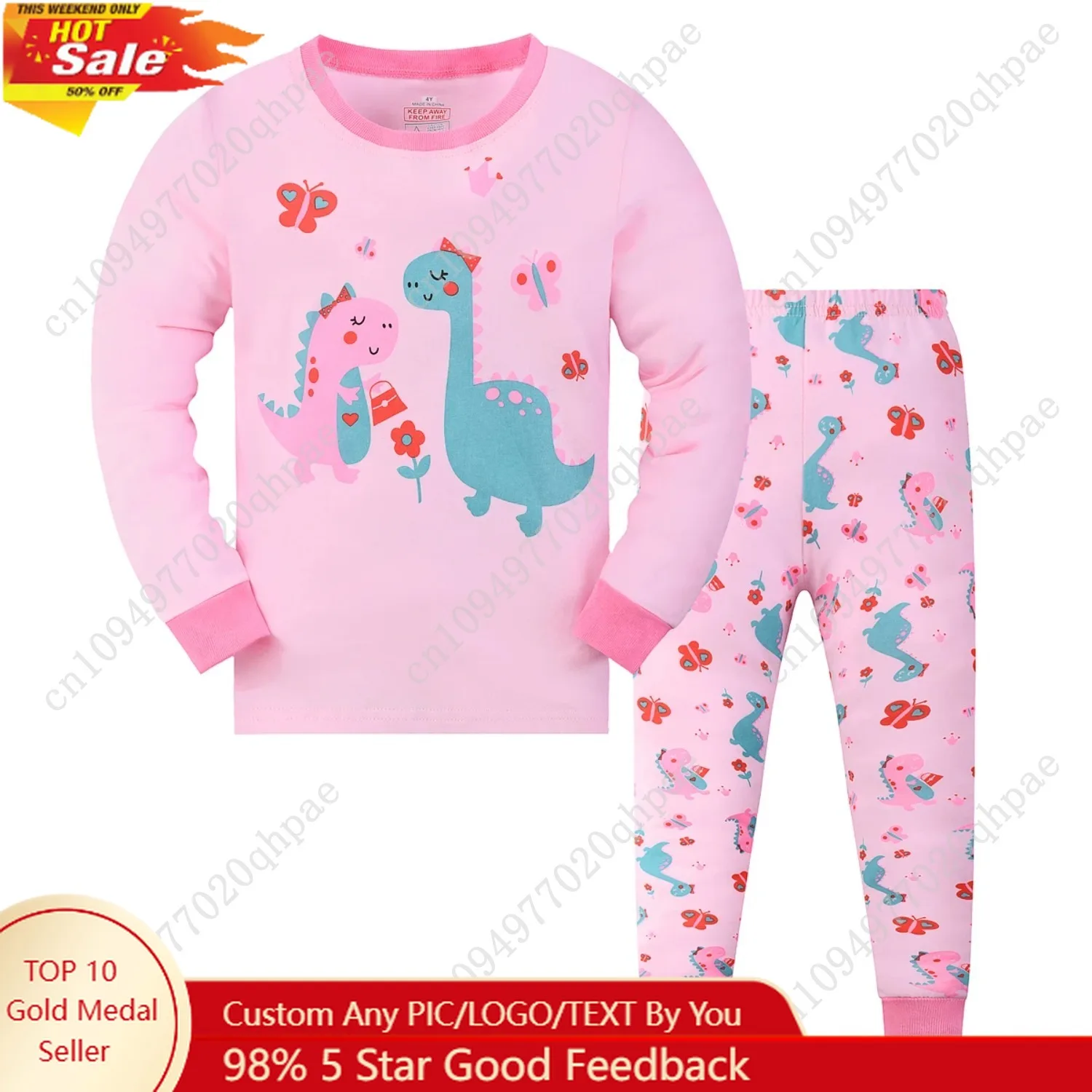 

Dinosaur printed long-sleeved and long-pants pajama set for girls, suitable for girls aged 2 to 9