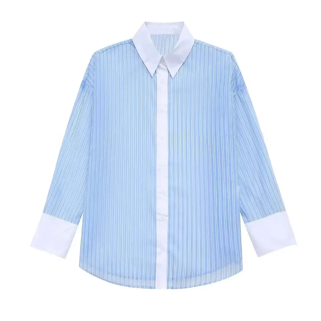 

Women's new fashion loose semi transparent hard yarn patchwork striped shirt retro long sleeved button up women's shirt chic top