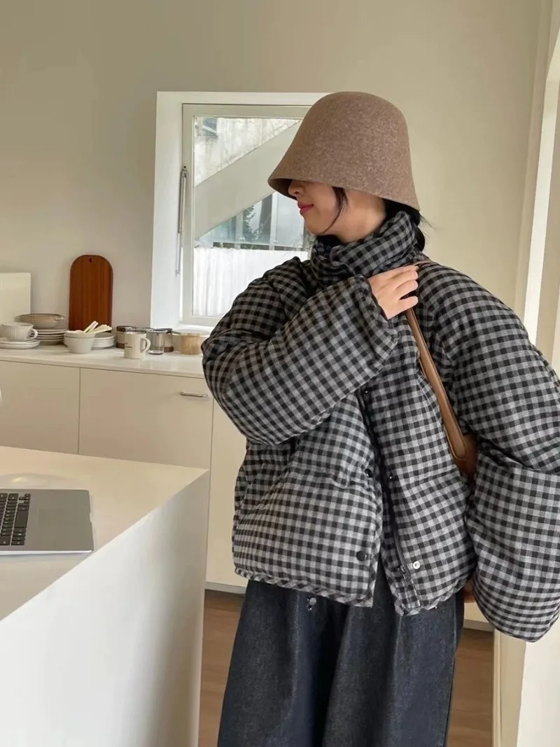 Shpmishal Koreaanse Mode Retro Plaid Korte Parka 2024 Vrouwen Winter Nieuwe Stand Kraag Warme Dikke Jas Vrouwelijke Kleding