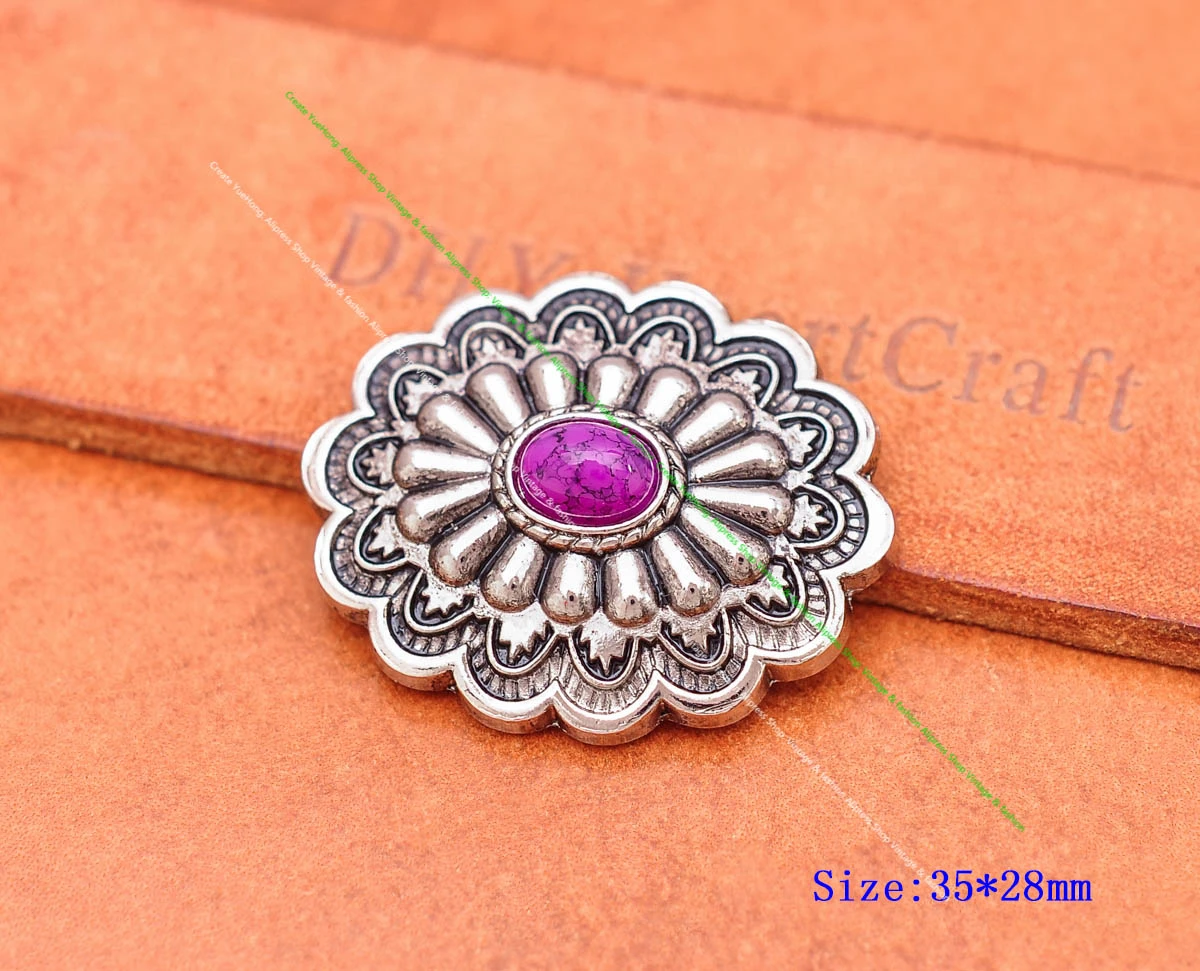35*28MM Antik Silber Ethnische Indische Blumenkunst Himmelblau Türkis Concho Screwback Für Lederhandwerk Gürteltasche Hut Hardware – Detail 14