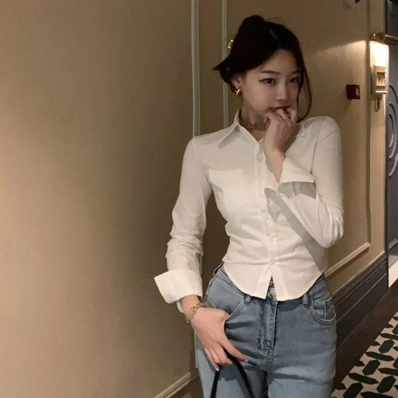 White Shirts Women Korean Fashion Style Basic Hotsweet Crops Casual Solid Spring Daily Design Slim Office Lady Folds Streetwear