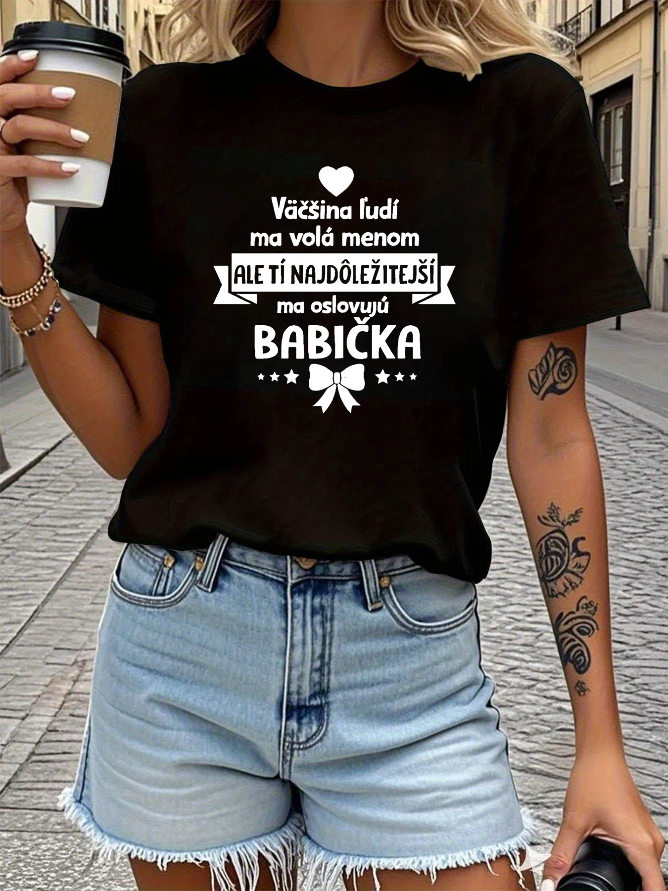 

Women's T-shirt Short Sleeve Babička Slovak Letter Print Crew Neck Casual Top For Summer & Spring