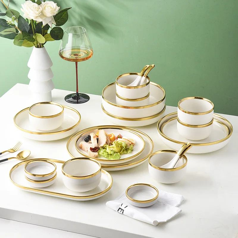 Household Kitchenware Tableware Black White Porcelain Plate And Bowl Set With Lotus Flower Gold Rim Serving Dinnerware