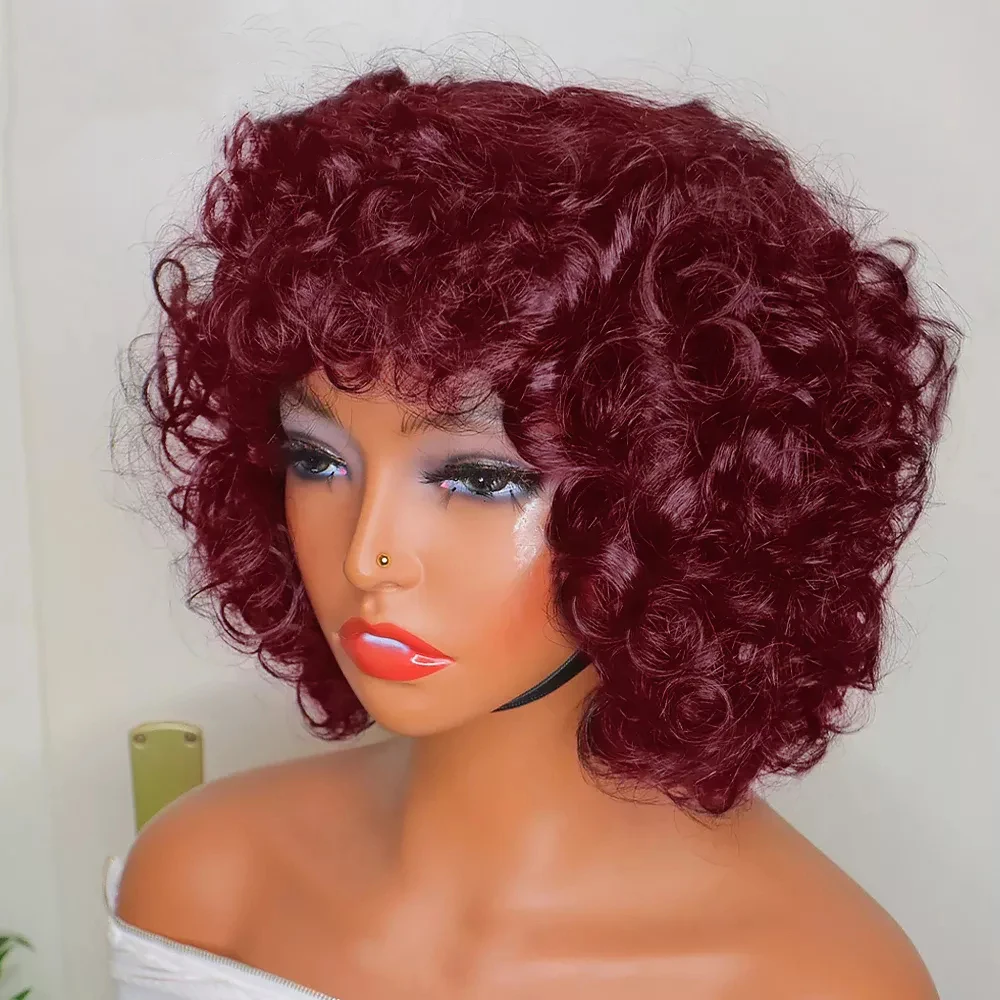 

99J# Burgundy Bouncy Curly Human Hair Wigs with Bangs Short Machine Made Body Loose Wave Curly Bob Wigs PrePlucked for Women