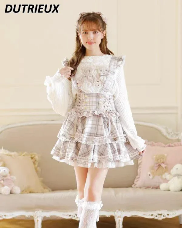 Japanese Mine Style Lolita Lace Bow Short Strap Skirt Sweet Cute Girls Versatile High-waisted Lace-up Waist Frilly Mini Skirts