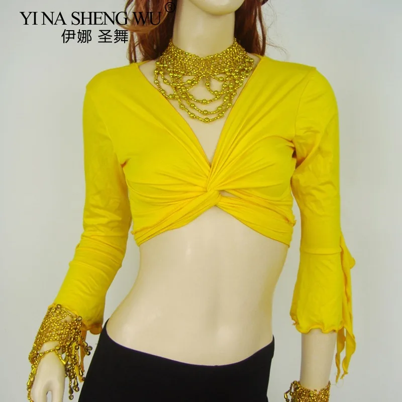 Top de dança do ventre feminino manga larga colheita superior envoltório prática traje desempenho camisa oriental tribal dacne palco showoutfit