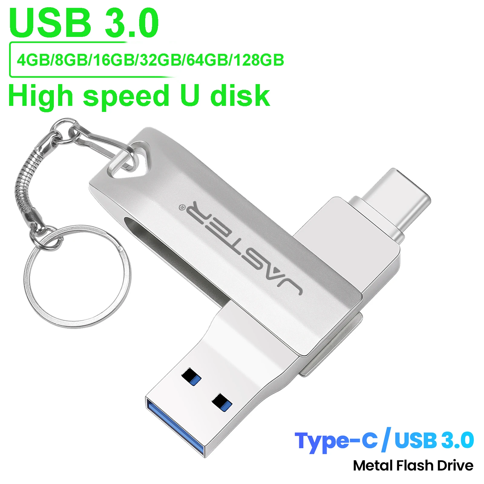 JASTER Silver Metal USB 3.0 Flash Drive 256GB TYPE-C 2 in 1 Memory Stick 128GB High Speed Pen Drive 64GB Rotatable U Disk 16GB